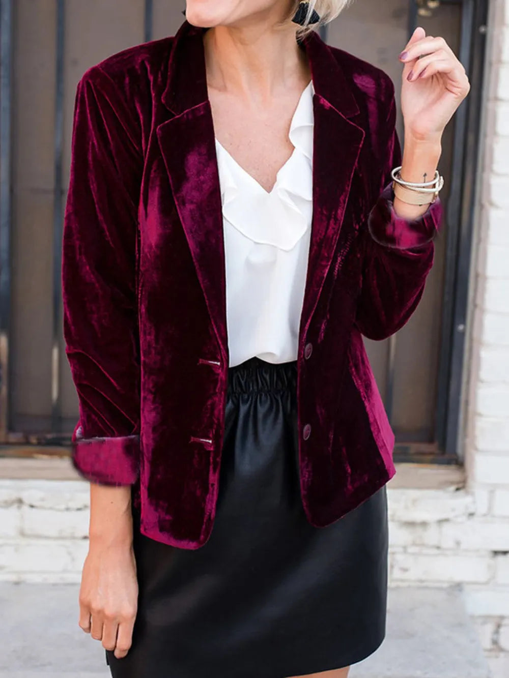 Button Up Lapel Collar Blazer Burgundy - Fashorio