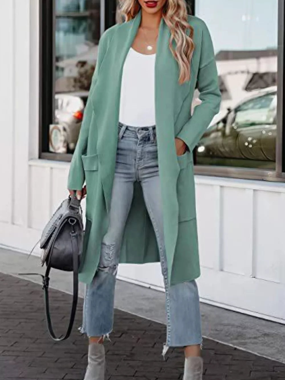 Open Front Dropped Shoulder Outerwear Turquoise - Fashorio