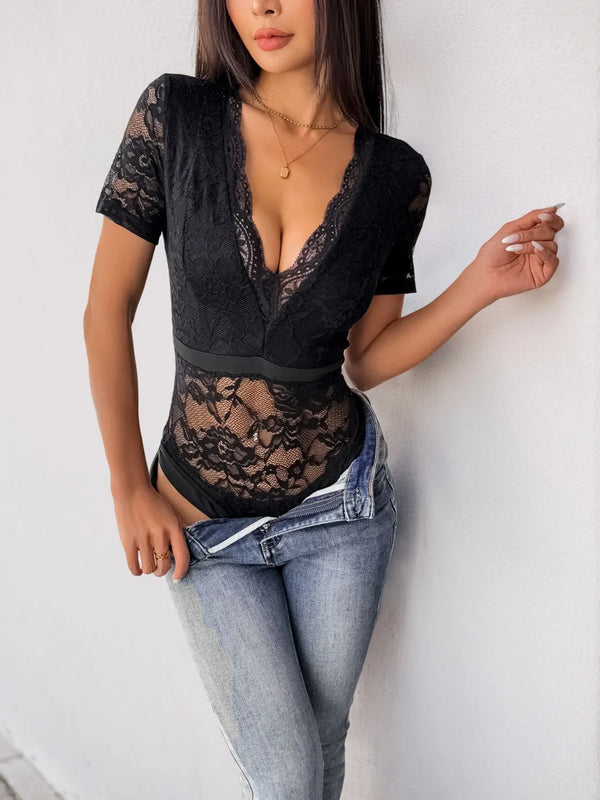 Lace Plunge Short Sleeve Bodysuit Black - Fashorio