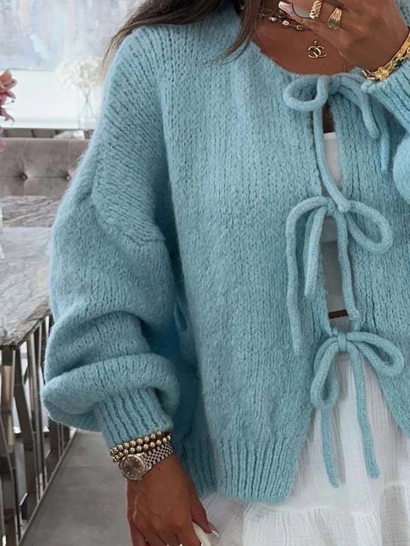 Cozy Bow-Tie Front Knit Cardigan - Fashorio