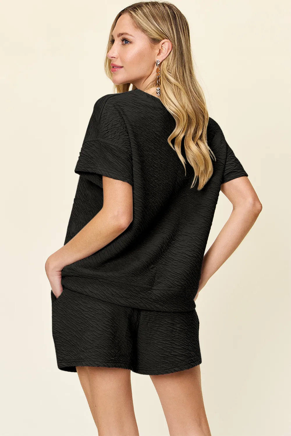 Double Take Full Size Texture Short Sleeve T-Shirt and Drawstring Shorts Set - Fashorio