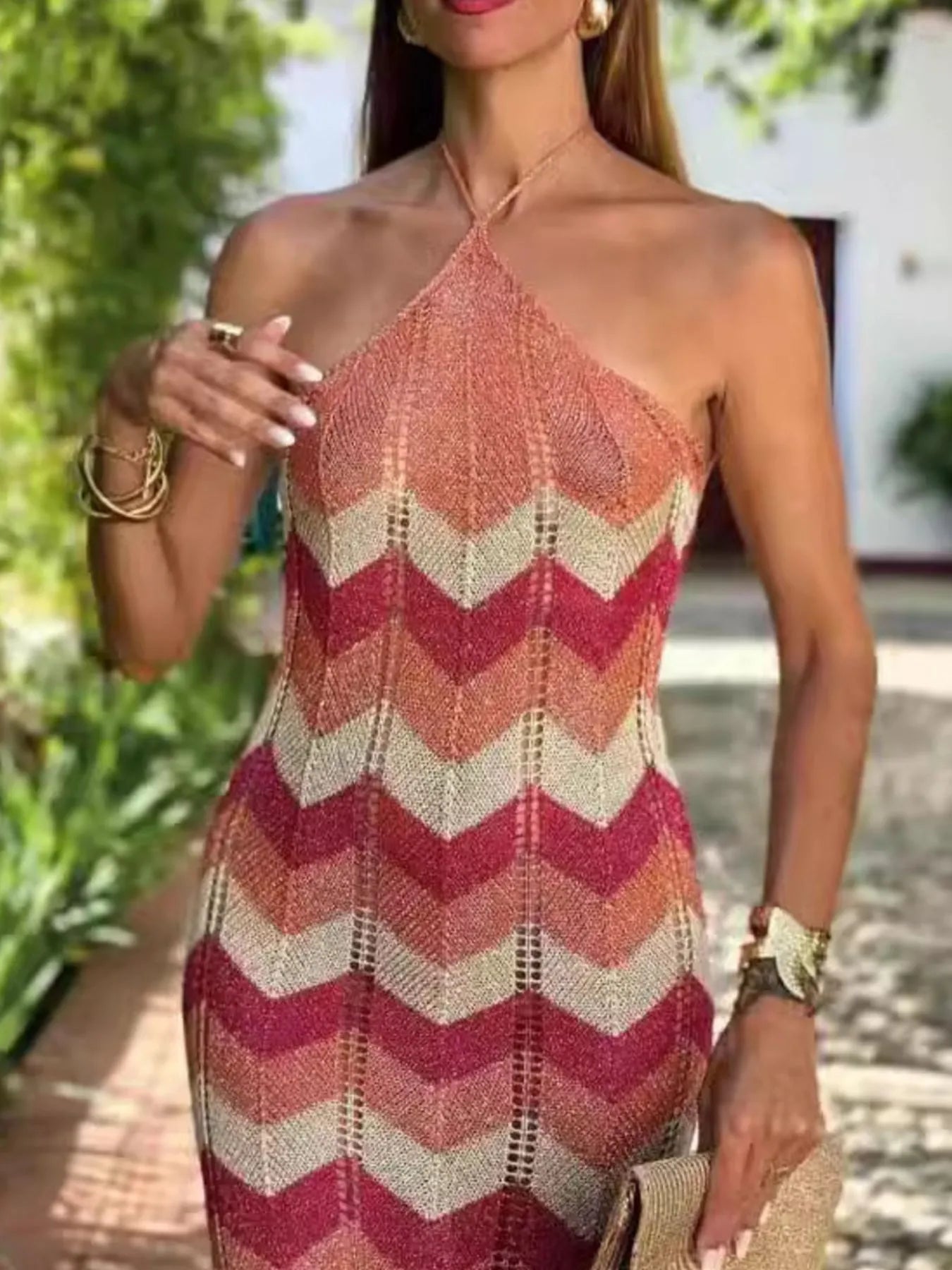 Chevron Pattern Halter Neck Sweater Dress - Fashorio