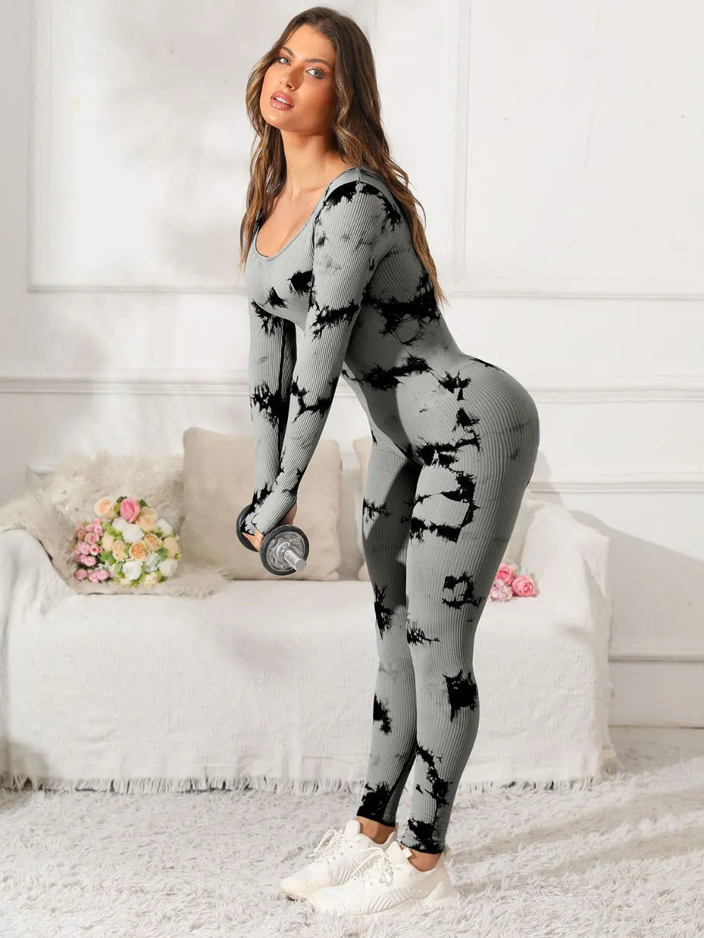 Scoop Neck Long Sleeve Active Jumpsuit - Fashorio