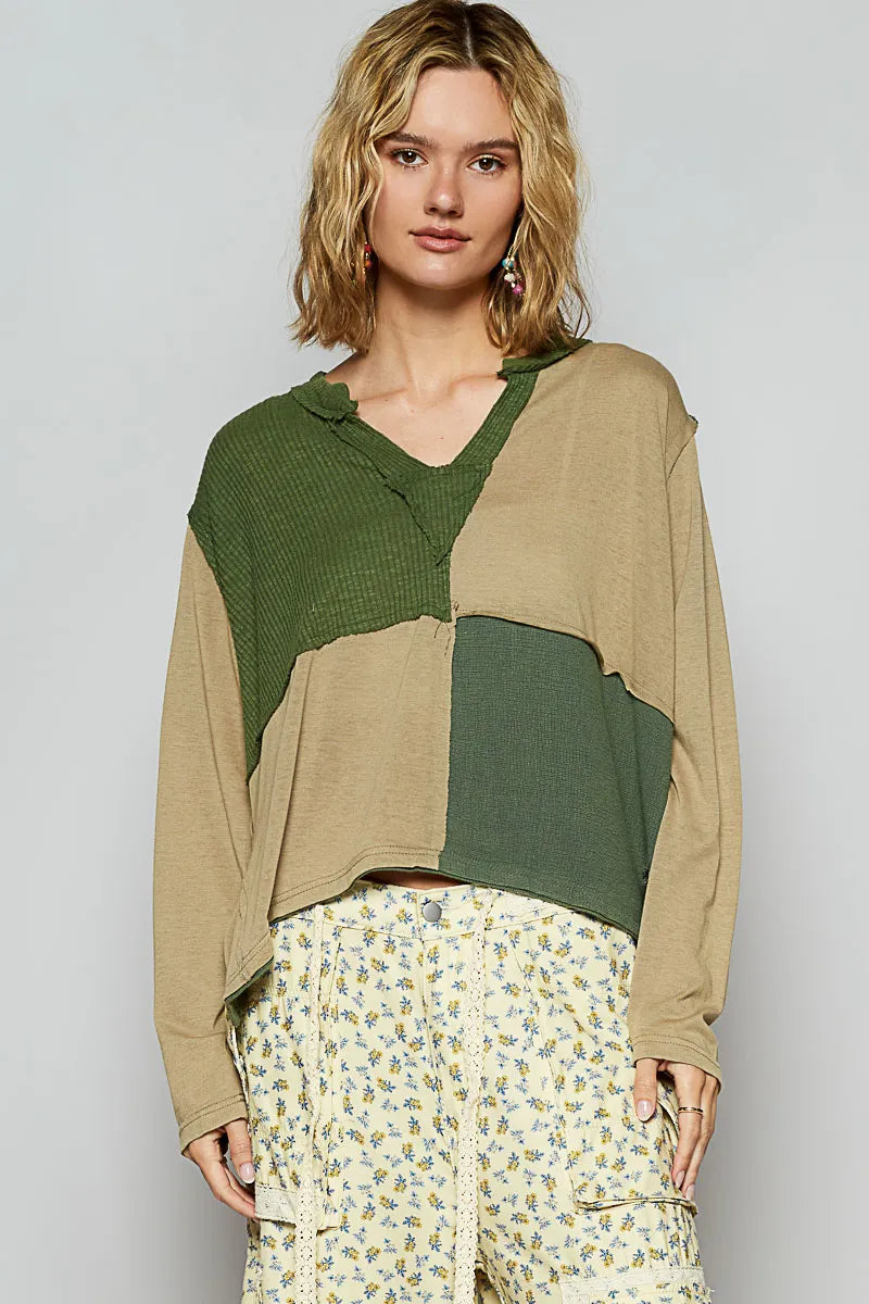 POL Color Block Notched Long Sleeve T-Shirt - Fashorio