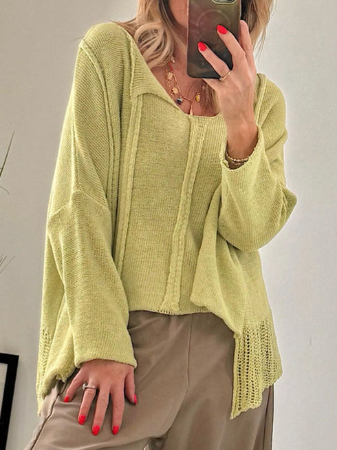 High-Low Drop Shoulder Sweater Chartreuse - Fashorio