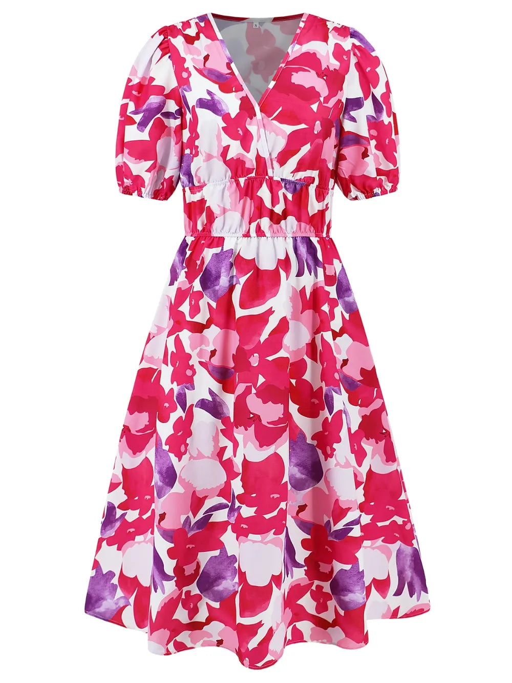 Ruched Printed Surplice Short Sleeve Dress - Fashorio
