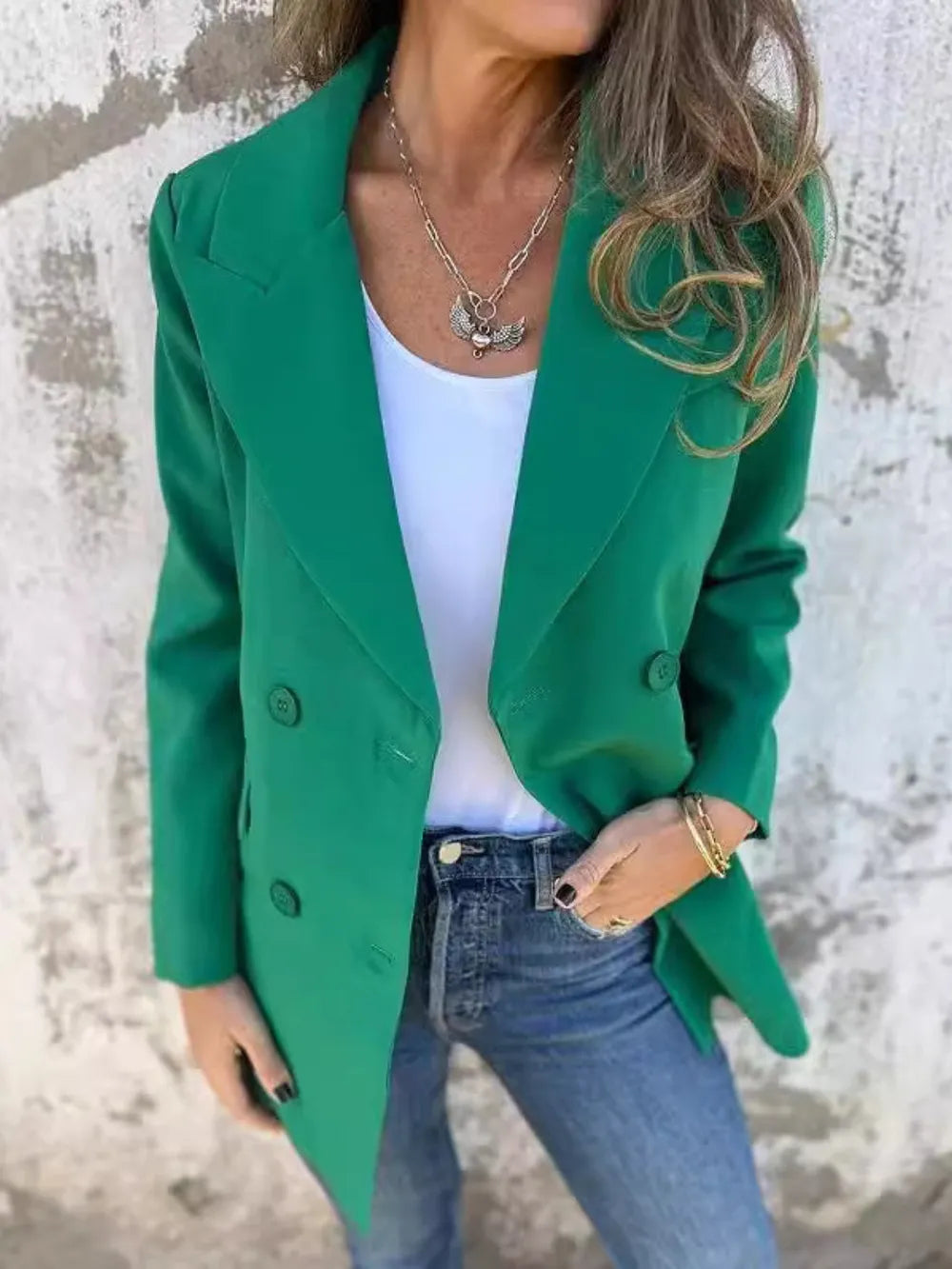 Full Size Collared Neck Long Sleeve Blazer Green - Fashorio