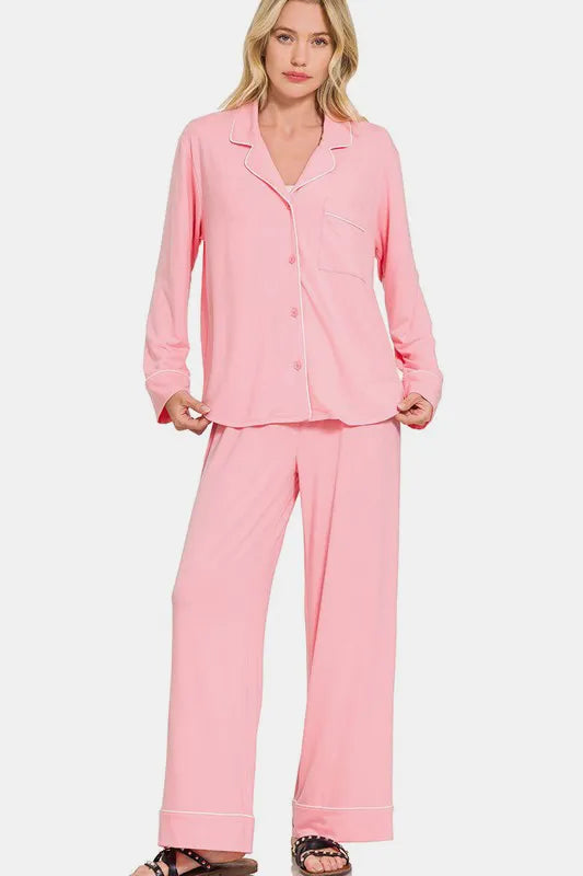 Zenana Button Down Long Sleeve Top and Pants Lounge Set Pink - Fashorio