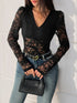 Lace Long Sleeve V-Neck Bodysuit Black - Fashorio