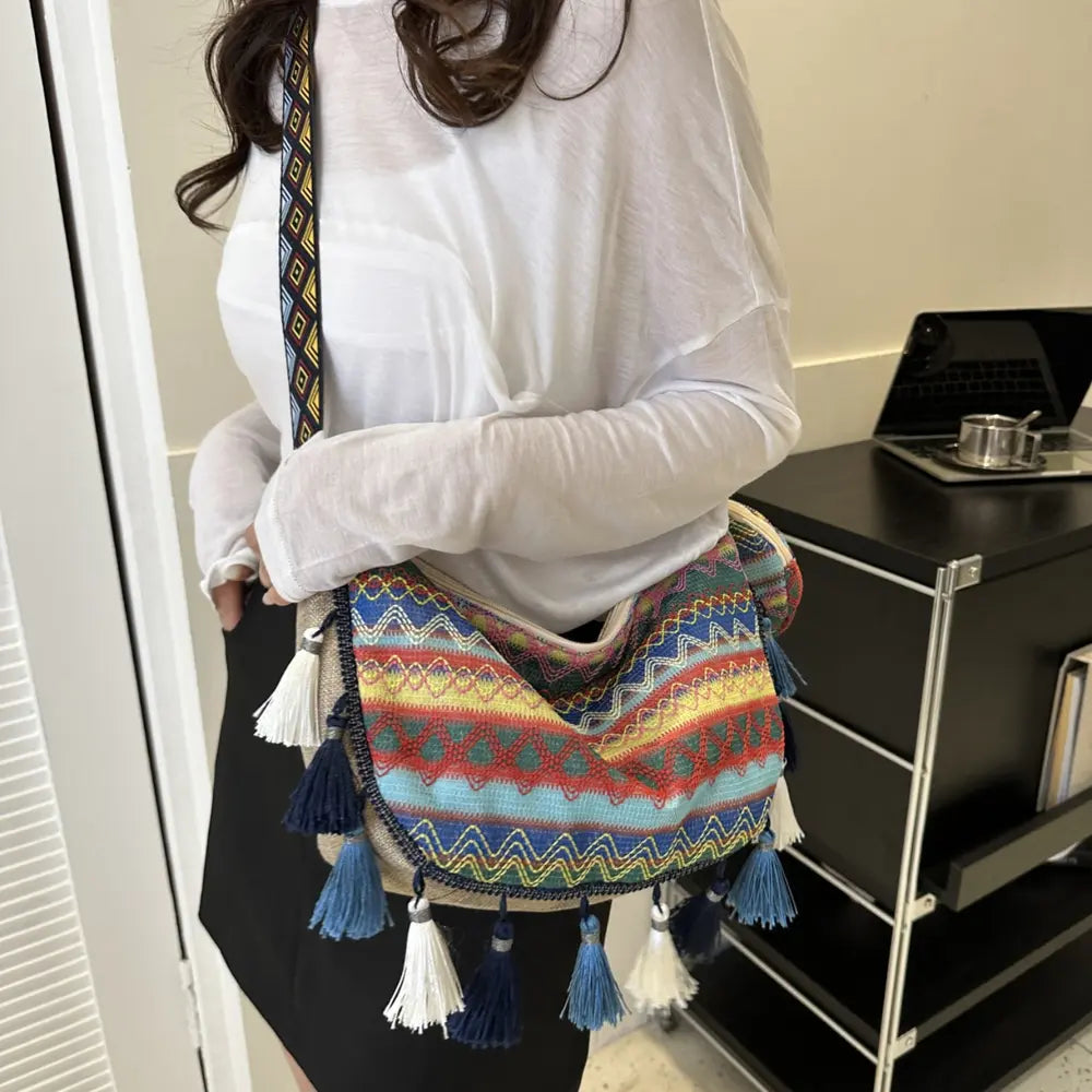 Printed Tassel Detail Crossbody Bag with Small Purse - Fashorio