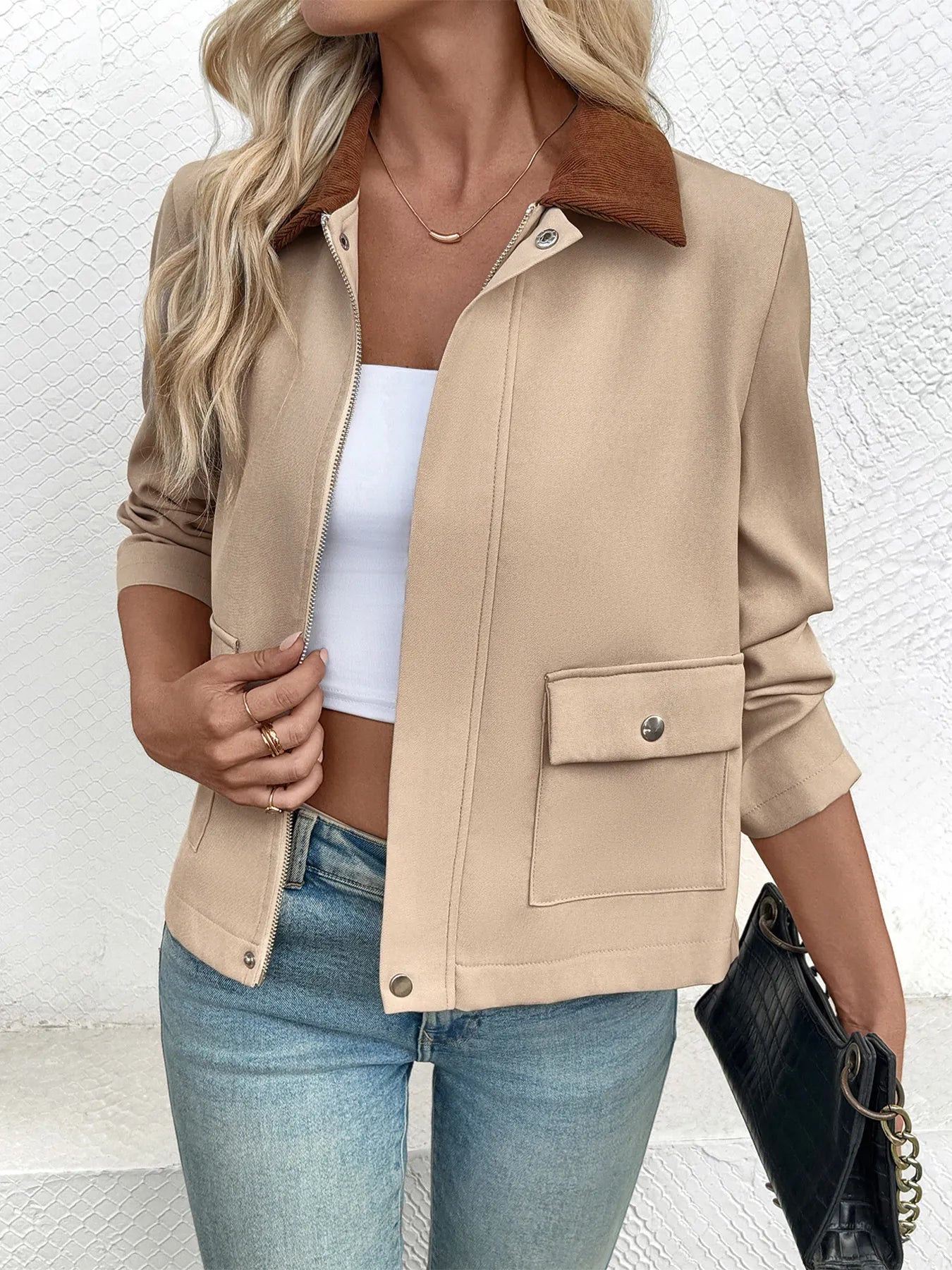 Zip-Up Long Sleeve Jacket with Buttons and Pockets - Fashorio