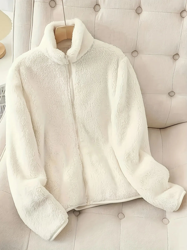 Fleece Long Sleeve Zip-Up Jacket White - Fashorio