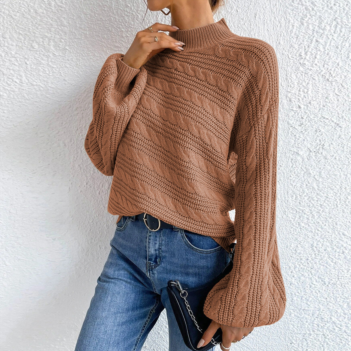Cable-Knit Mock Neck Long Sleeve Sweater - Fashorio