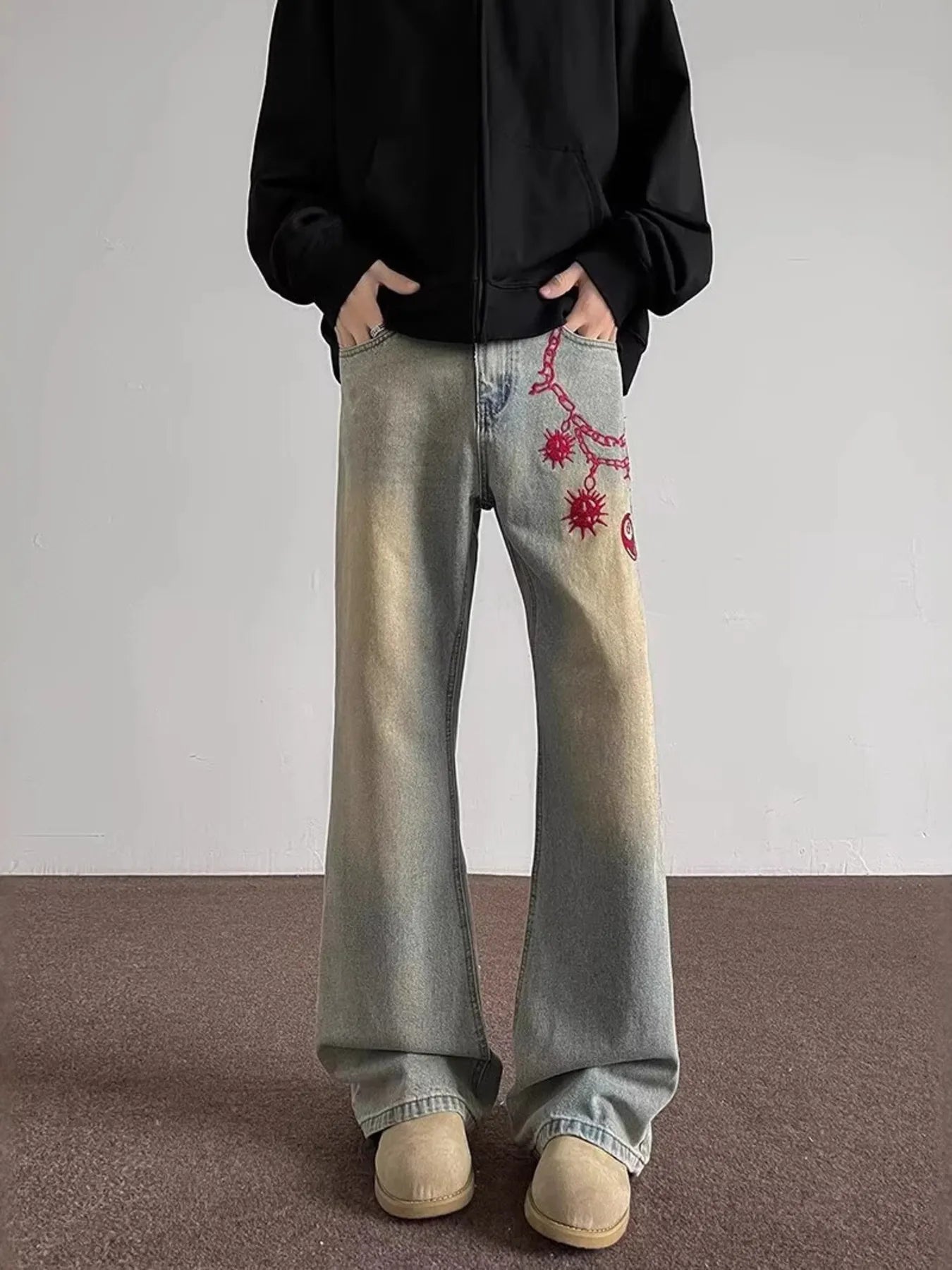 Men's Full Size Embroidered Wide Leg Jeans Plus Size Yellow Mud Color - Fashorio