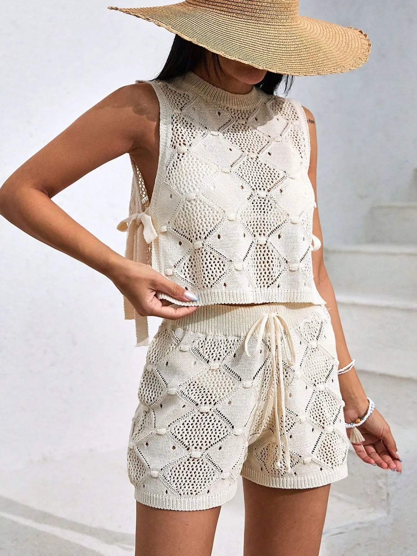 Diamond Pattern Sleeveless Top and Shorts Knit Set - Fashorio