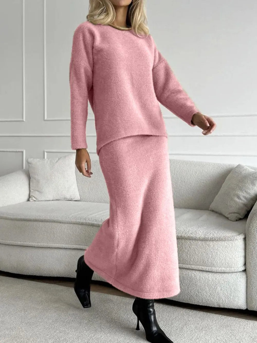 Round Neck Dropped Shoulder Top and Midi Skirt Sweater Set Blush Pink One Size - Fashorio