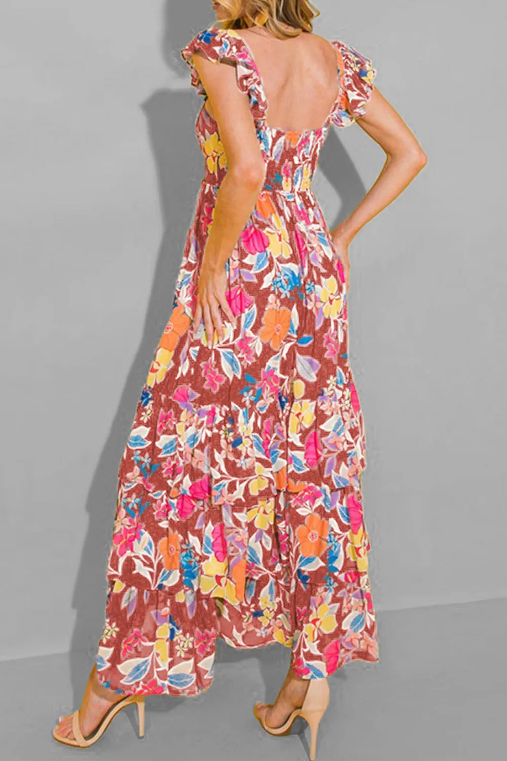 Tiered Ruffled Printed Sleeveless Dress - Fashorio