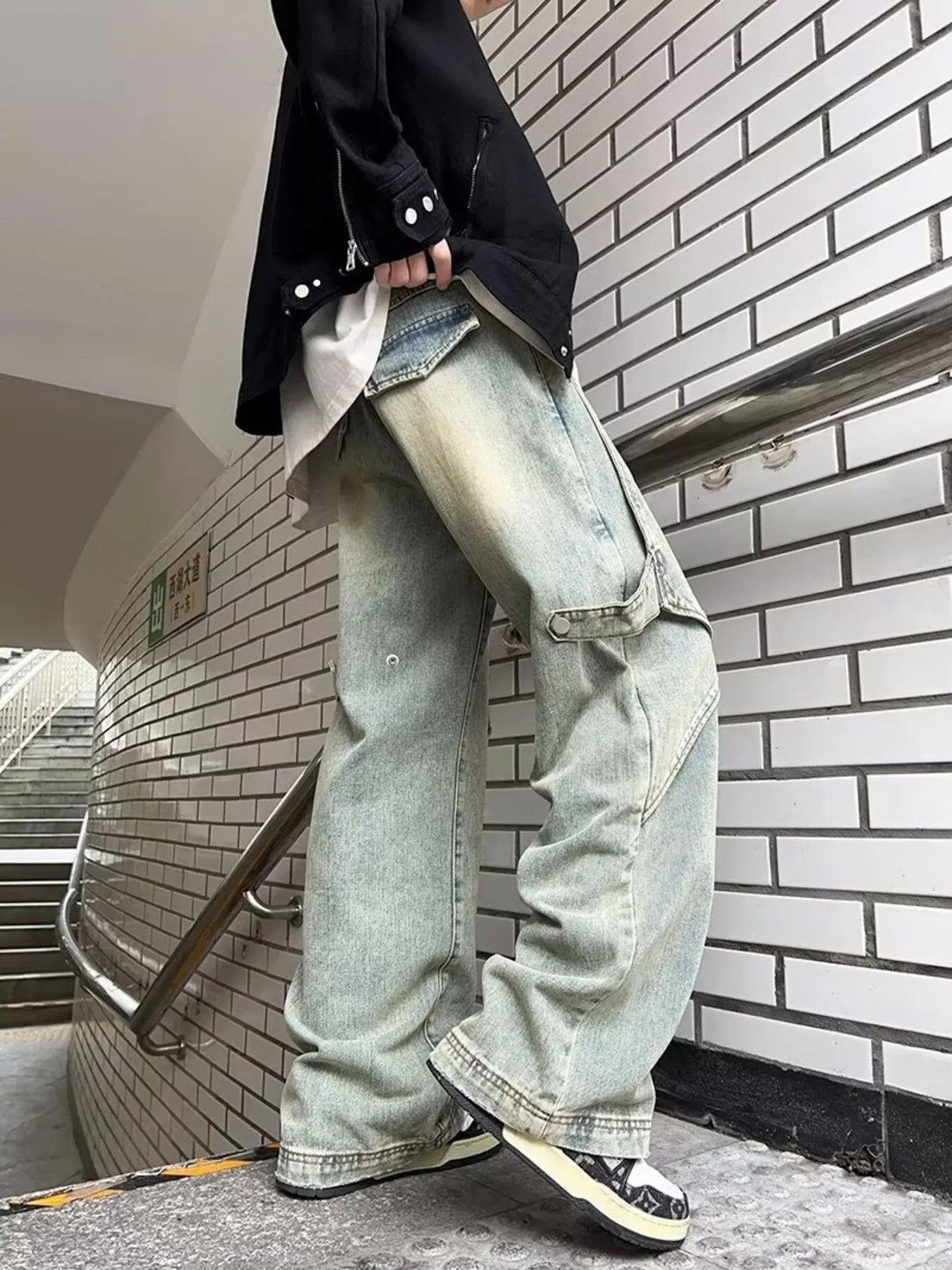 Men's Full Size Washed Wide Leg Baggy Cargo Jeans Plus Size - Fashorio