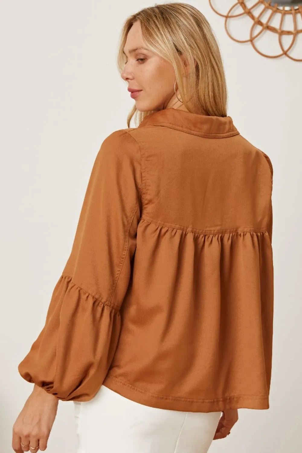 Balloon Sleeve Collared Neck Blouse - Fashorio