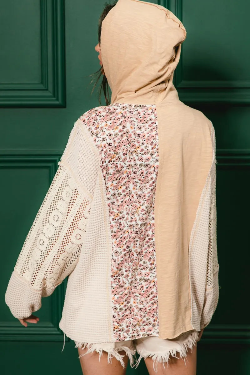 BiBi Slub Jersey with Lace Combo Buttoned Hoodie Top - Fashorio