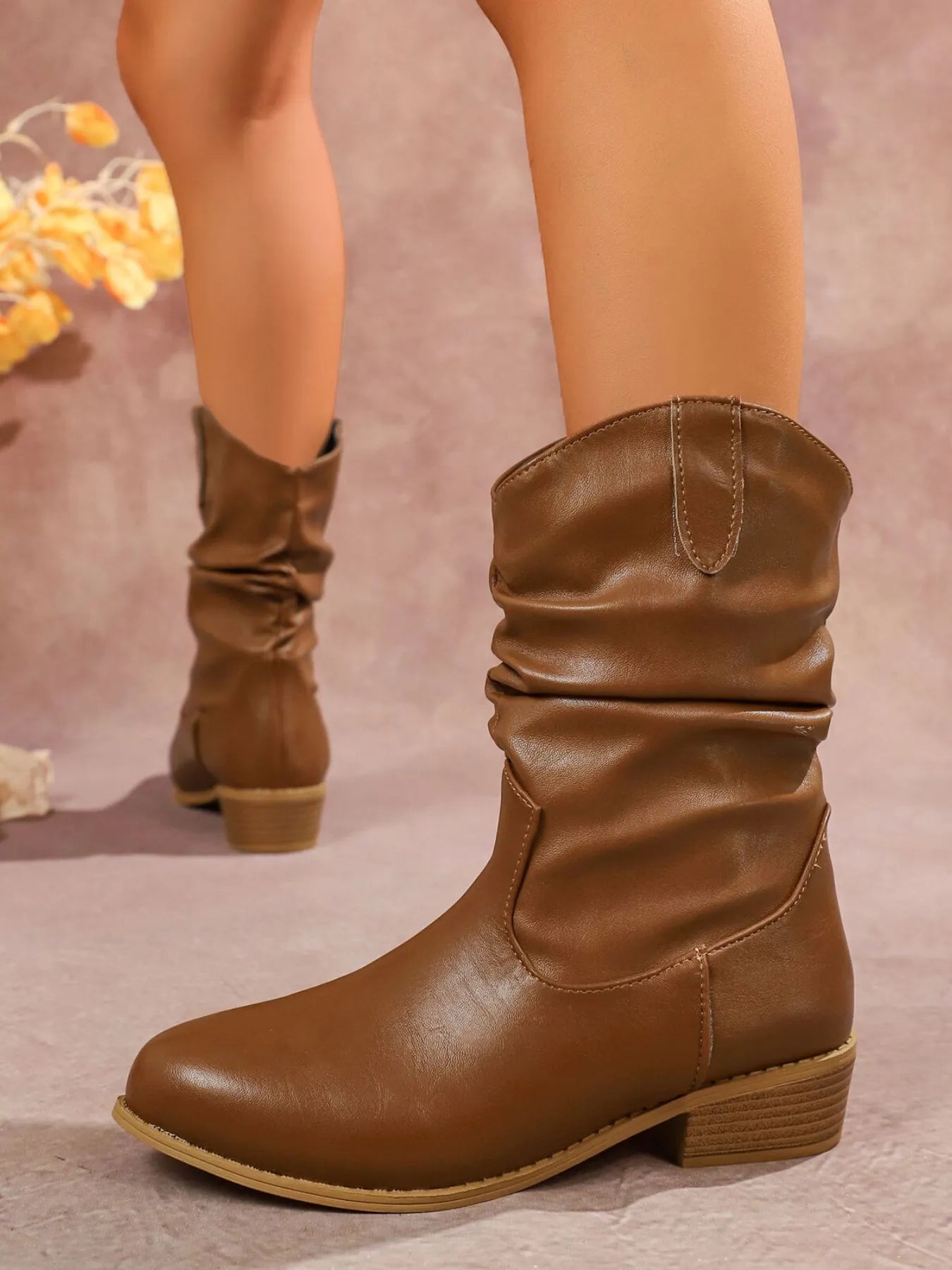 Mid-Calf Western Boots with Block Heels - Fashorio