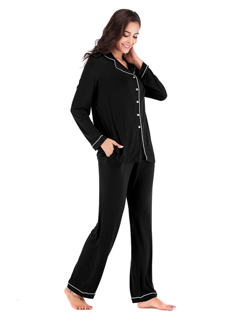 Collared Neck Long Sleeve Loungewear Set with Pockets - Fashorio