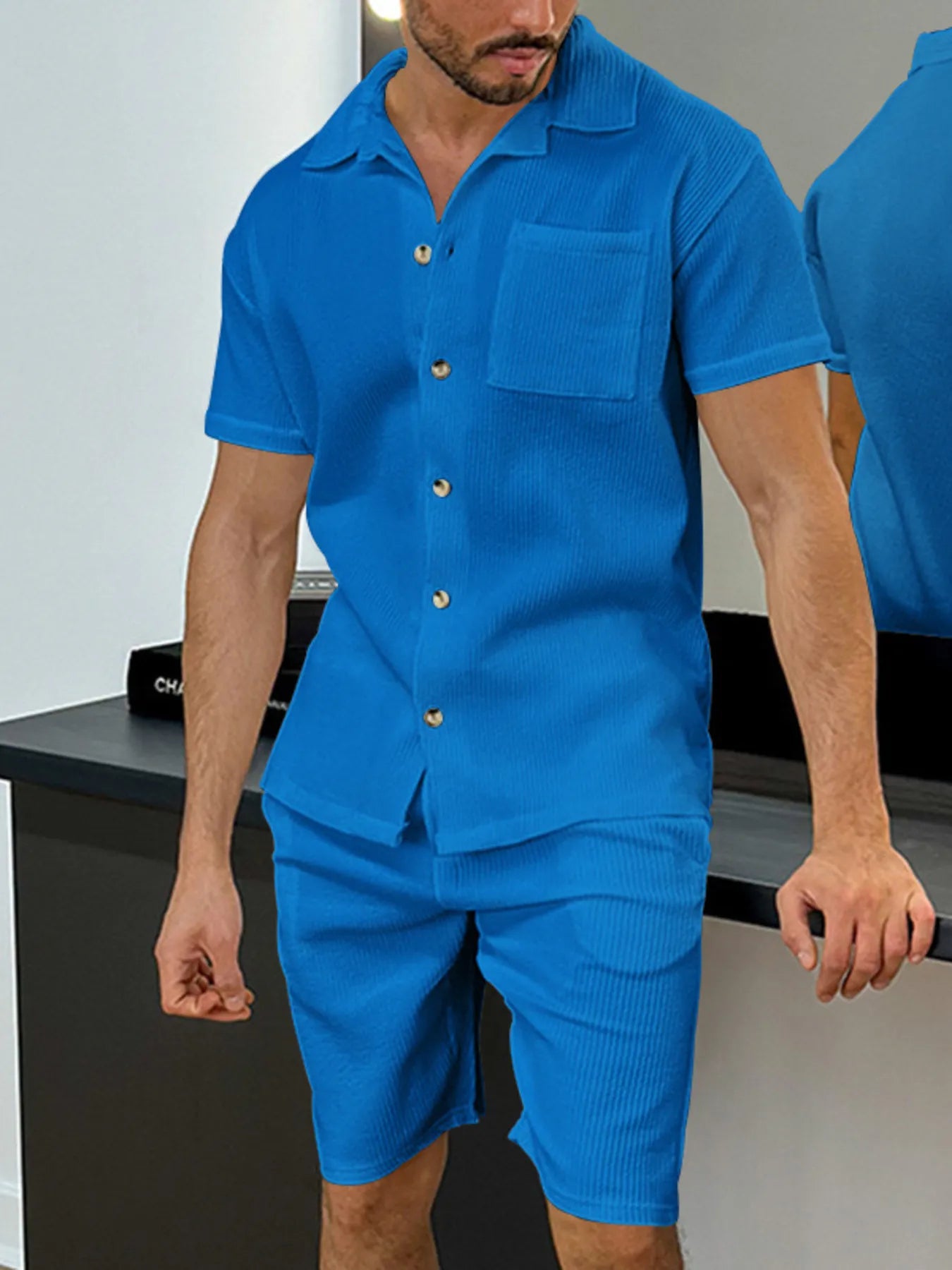 Men's Full Size Button Up Top and Shorts Set Plus Size Blue - Fashorio