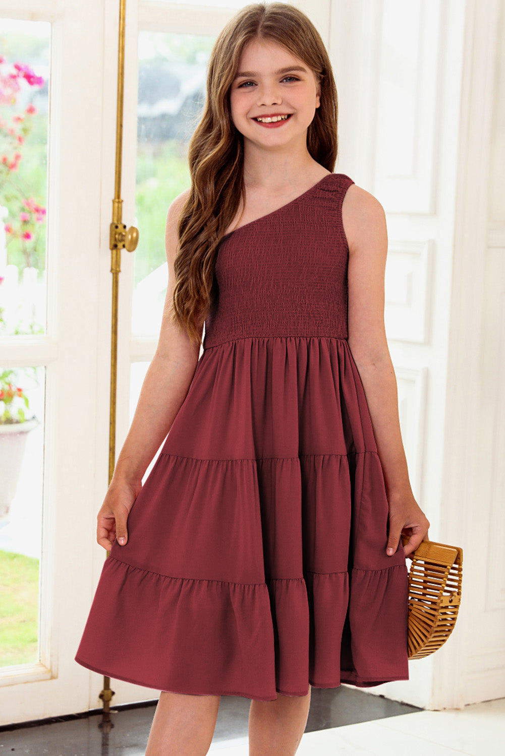 Plus Size One-Shoulder Sleeveless Tiered Dress Burnt Umber - Fashorio