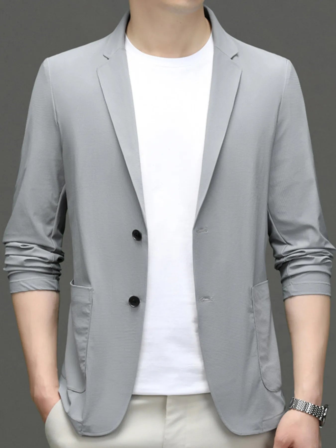 Men's Button Up Long Sleeve Blazer Light Gray - Fashorio
