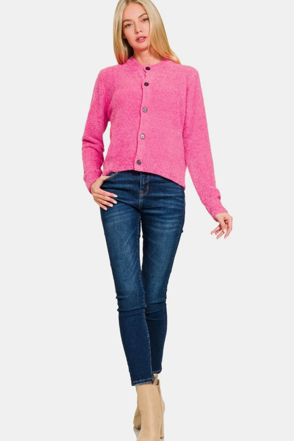 Zenana Button Down Long Sleeve Sweater Cardigan - Fashorio