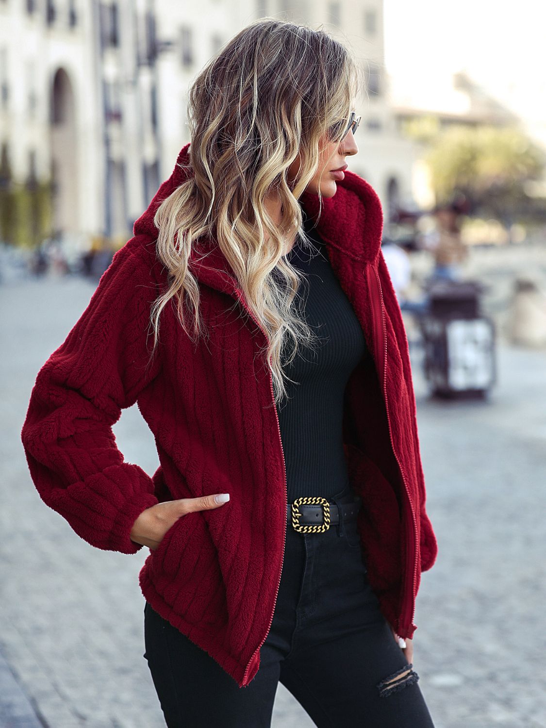 Zip-Up Hooded Jacket with Pockets - Fashorio