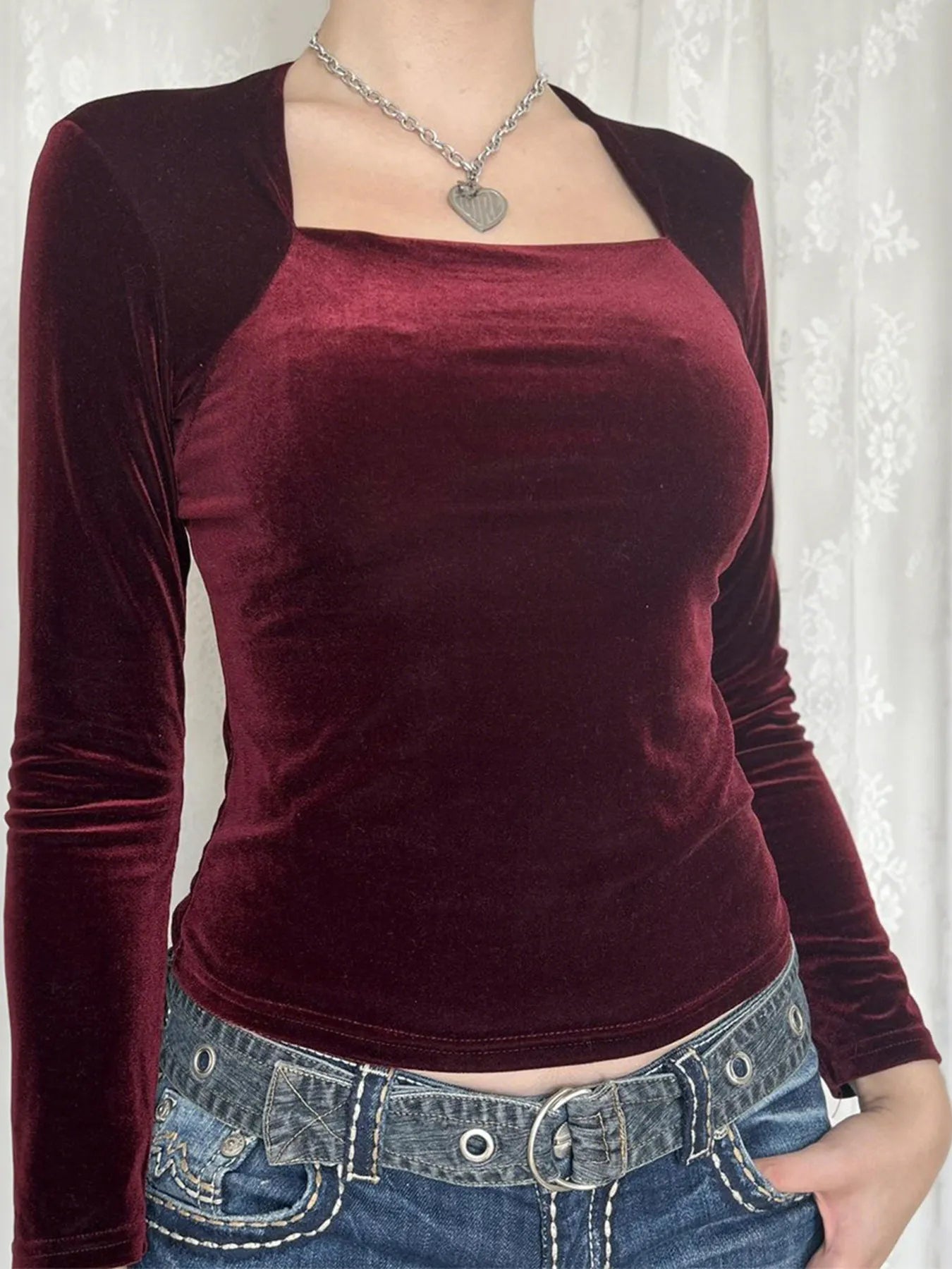 Velvet Long Sleeve Square Neck T-Shirt - Fashorio