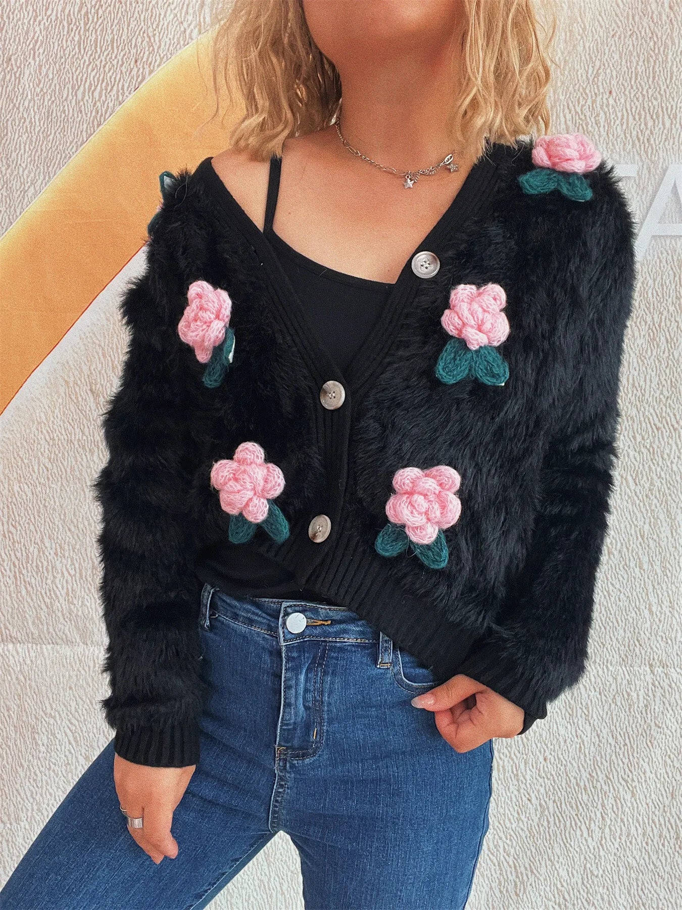 Flower Fuzzy Button-Up Cardigan - Fashorio