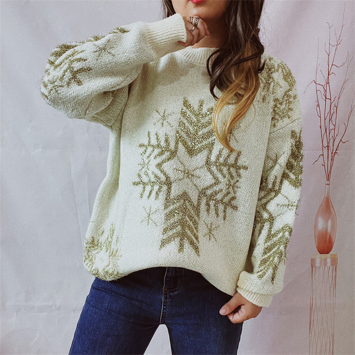 Snowflake Pattern Long Sleeve Sweater - Fashorio
