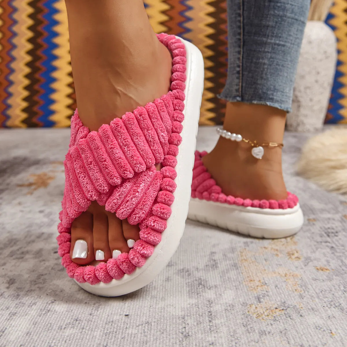 Crisscross Open Toe Platform Slippers Hot Pink - Fashorio