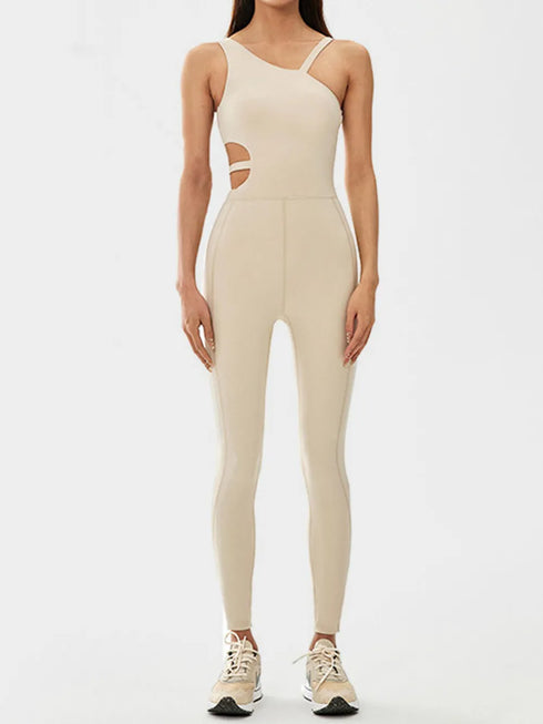 Cutout Asymmetrical Neck Active Jumpsuit - Fashorio