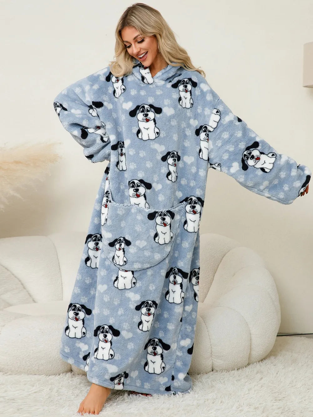 Fuzzy Pocketed Long Sleeve Hooded Lounge Dress - Fashorio
