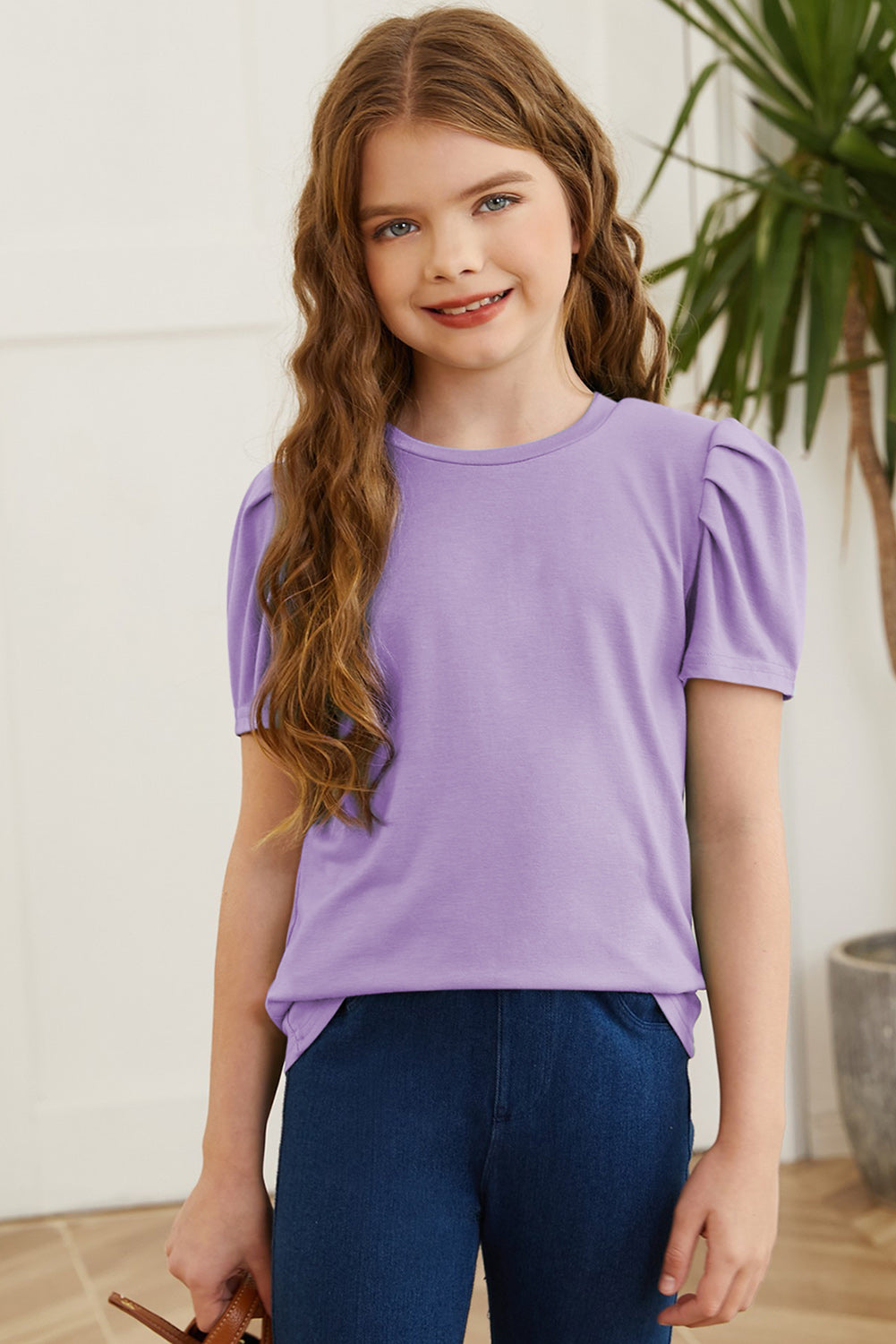 Round Neck Puff Sleeve T-Shirt Heliotrope Purple - Fashorio