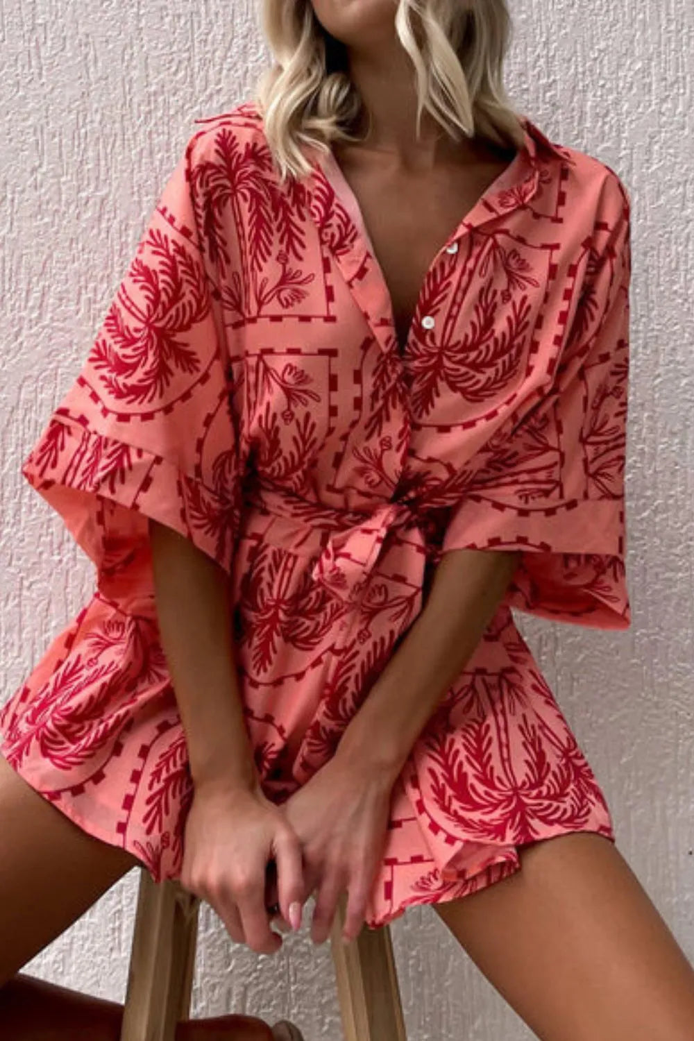Printed Tie Waist Romper - Fashorio