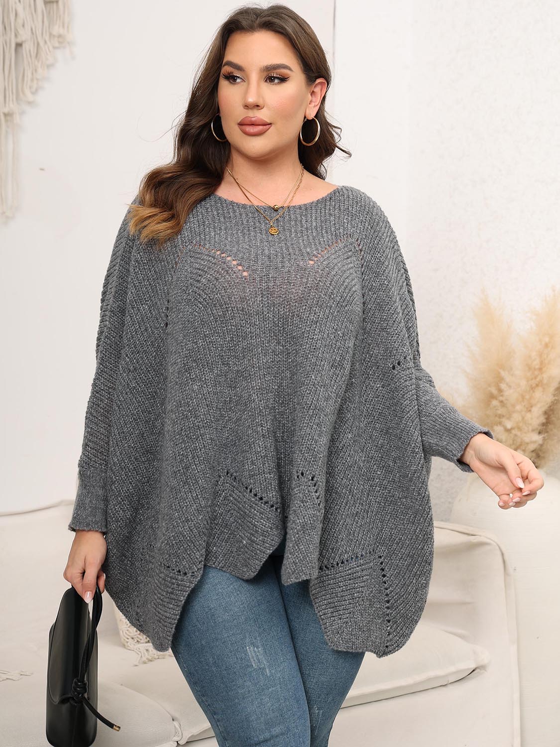 Plus Size Round Neck Batwing Sleeve Sweater Heather Gray - Fashorio
