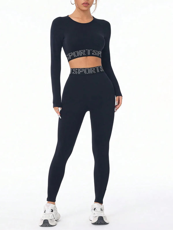 Letter Print Round Neck Long Sleeve Top and Leggings Active Set Black - Fashorio