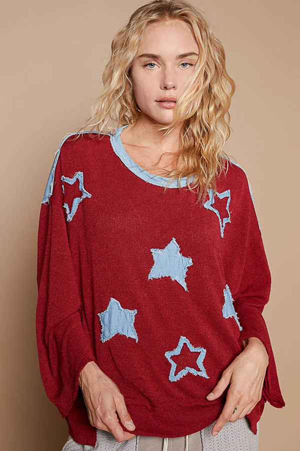 POL Exposed Seam Relaxed Fit Sweater with Star Denim Patch DARK RED - Fashorio
