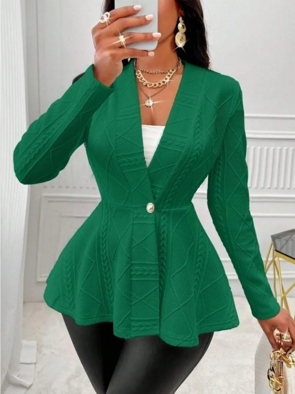 One Button Textured Peplum Cardigan Dark Green - Fashorio