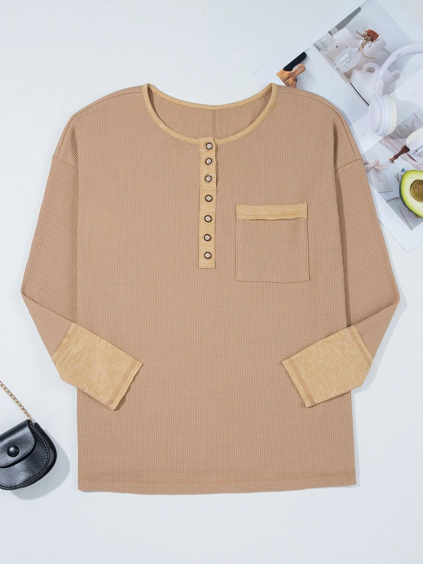 Waffle Textured Tunic Henley Top with Slits - Fashorio