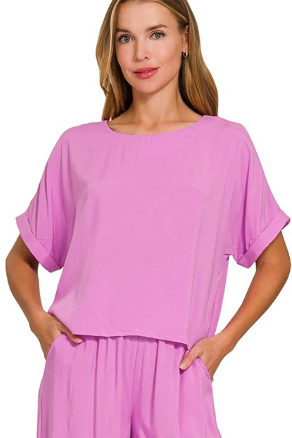 Zenana Round Neck T-Shirt and Wide Leg Pants Set - Fashorio