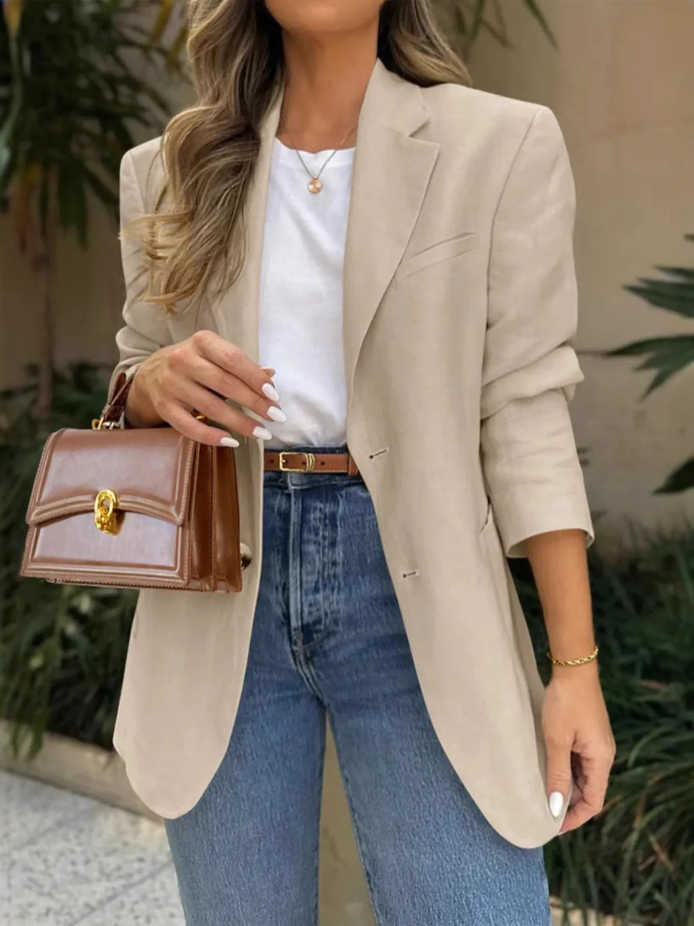 Pocketed Lapel Collar Long Sleeve Blazer Khaki - Fashorio