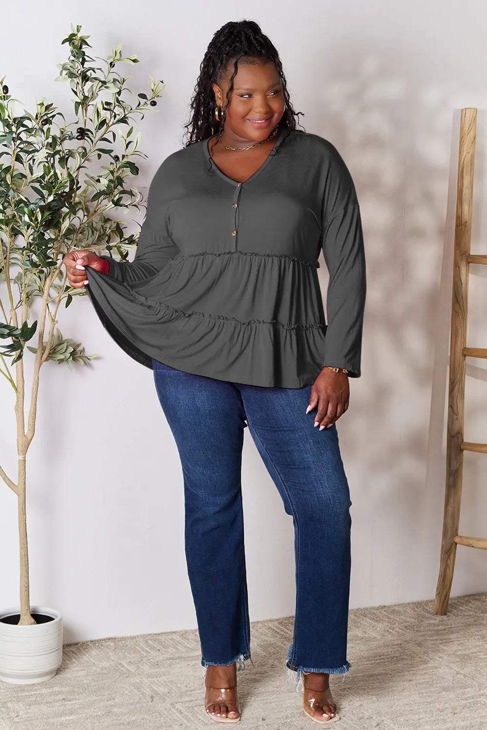 Double Take Half Button Long Sleeve Ruffle Hem Blouse - Fashorio