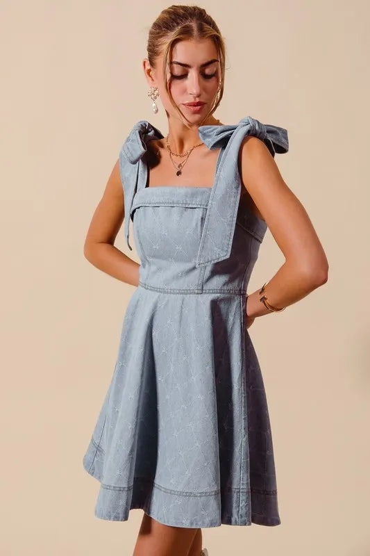 SO ME A Line Fit and Flare Diamond Bow Ribbon Denim Dres - Fashorio