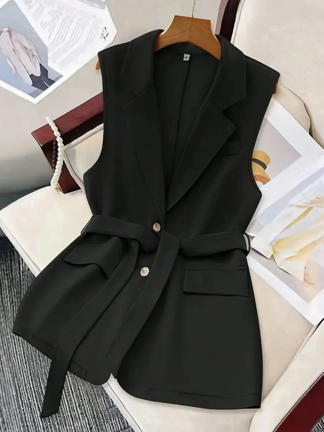 Tie Waist Lapel Collar Sleeveless Blazer Black - Fashorio