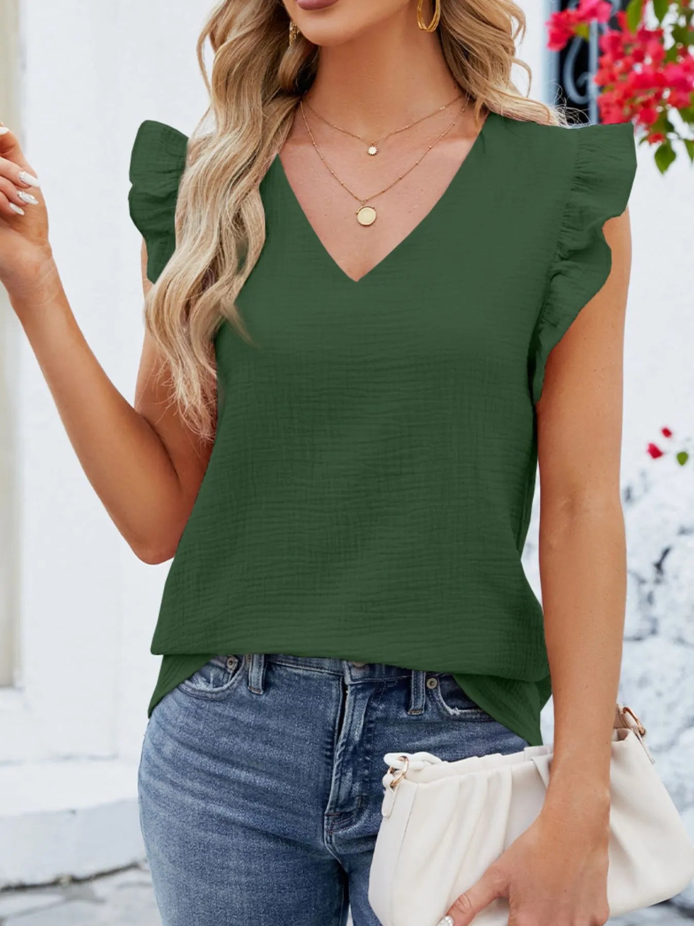 V-Neck Ruffled Sleeve Top Green - Fashorio
